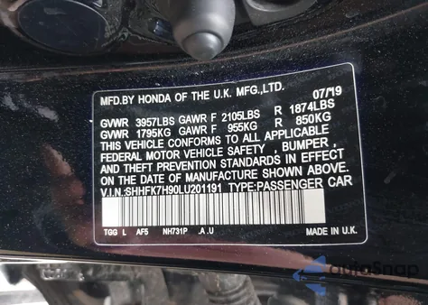 2020 Honda Civic Sport Touring из США, поврежденный, VIN SHHFK7H90LU201191